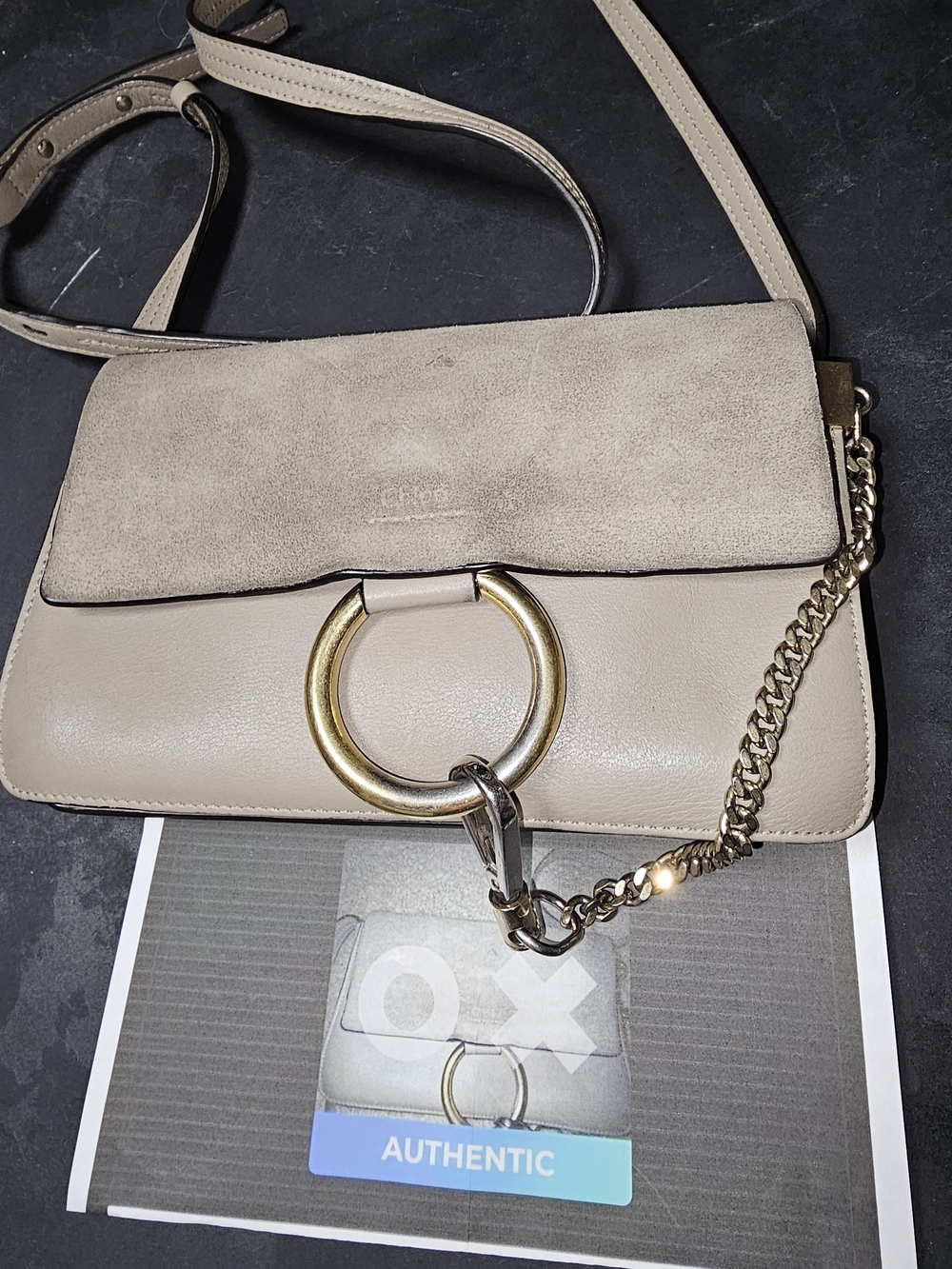 CHLOE Beige Suede & Leather Shoulder Bag with Gold Ring Detail(Authenticated)